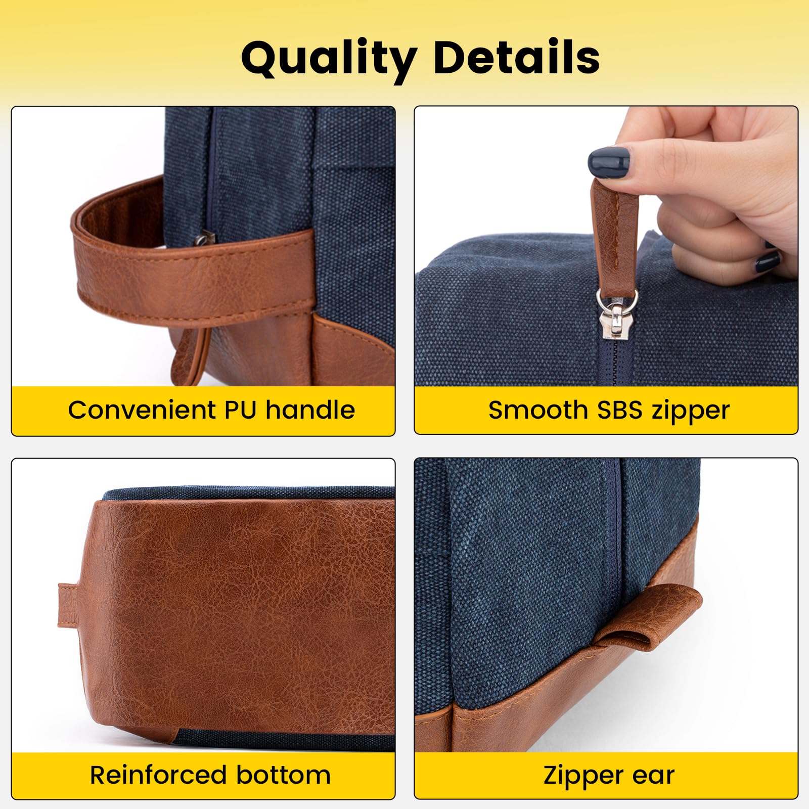 Vorspack toiletry bag features leather handle and smooth SBS zipper for easy use.