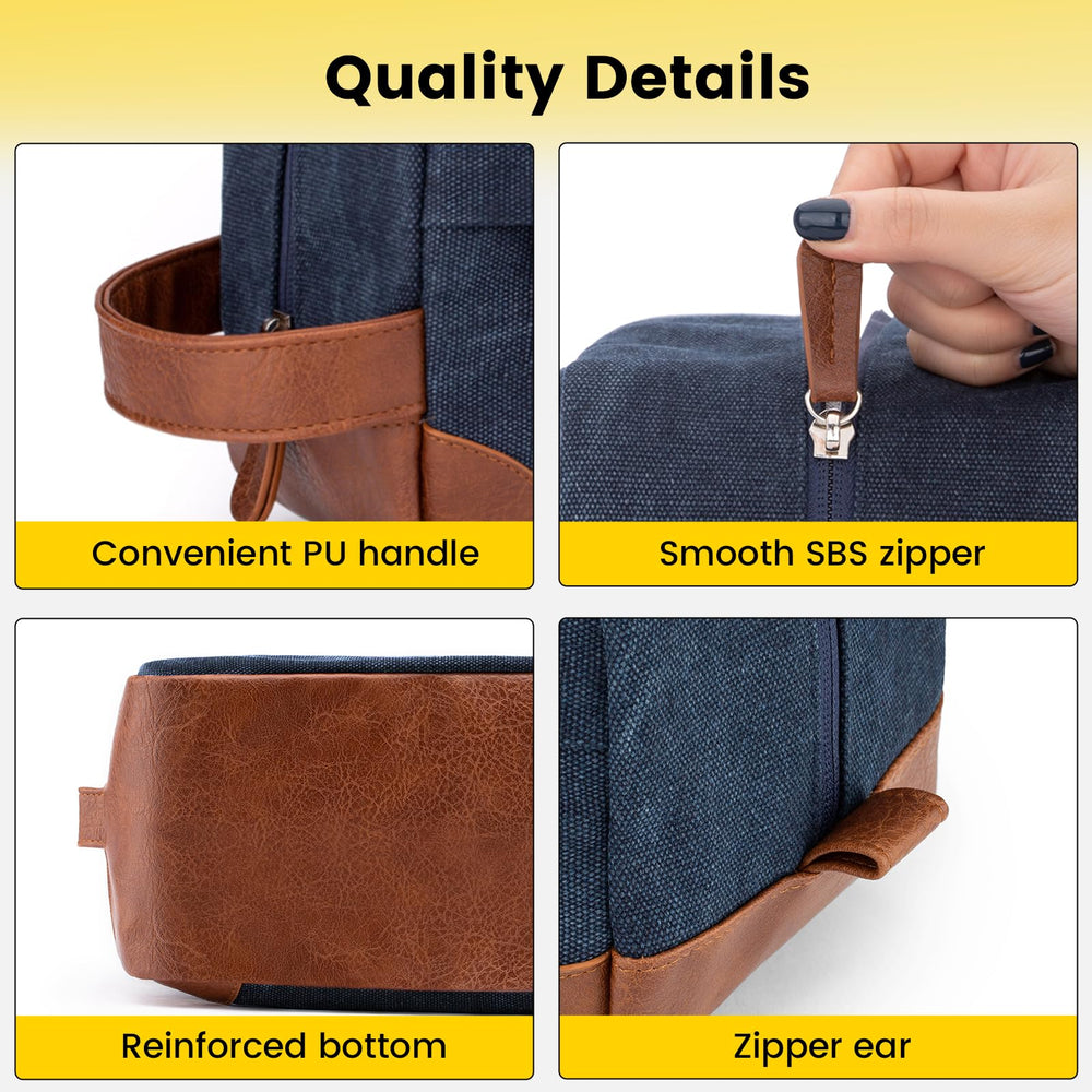 Vorspack toiletry bag features leather handle and smooth SBS zipper for easy use.