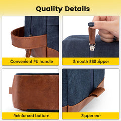 Vorspack toiletry bag features leather handle and smooth SBS zipper for easy use.