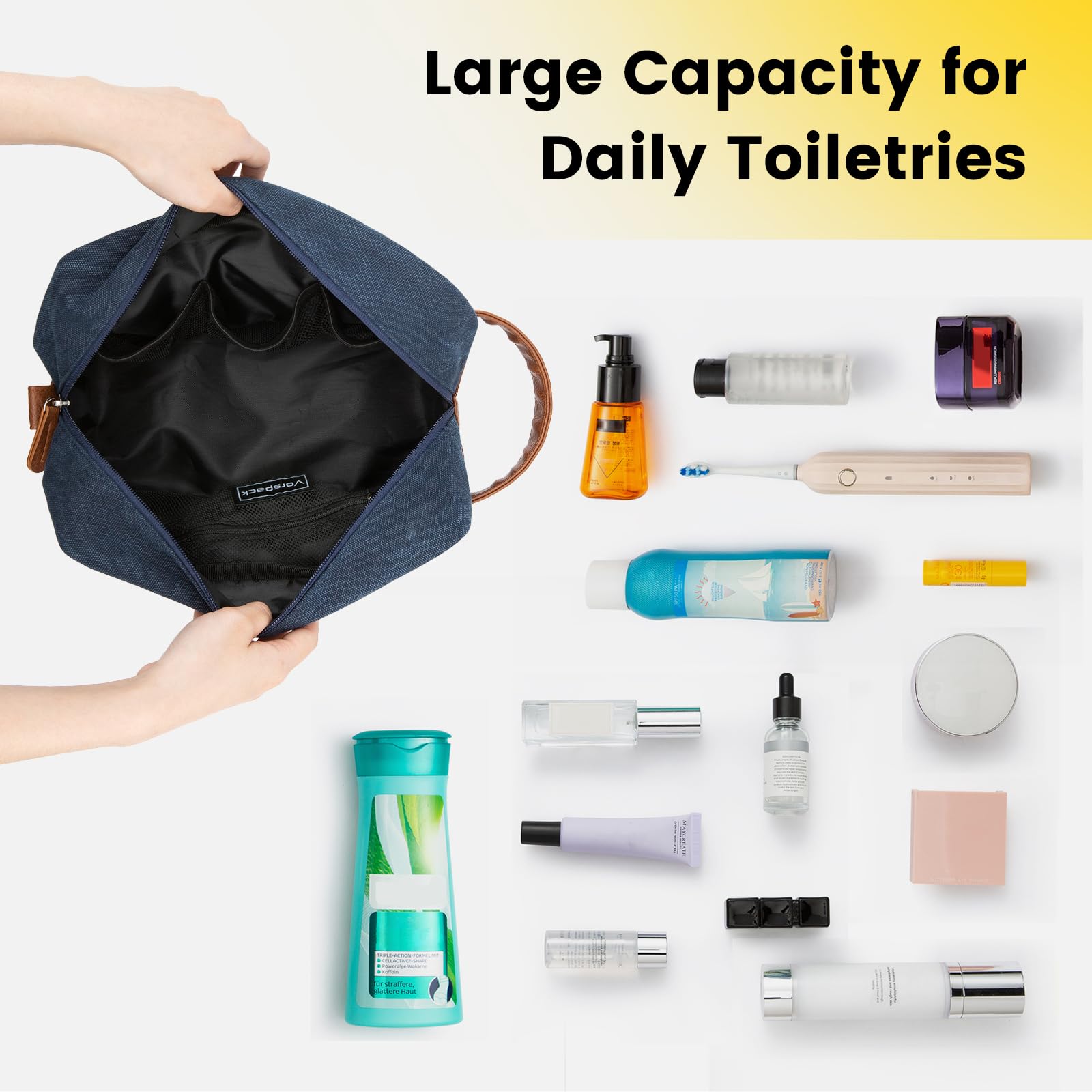 Vorspack large capacity design holds toiletries, shaving gear, and cosmetics.