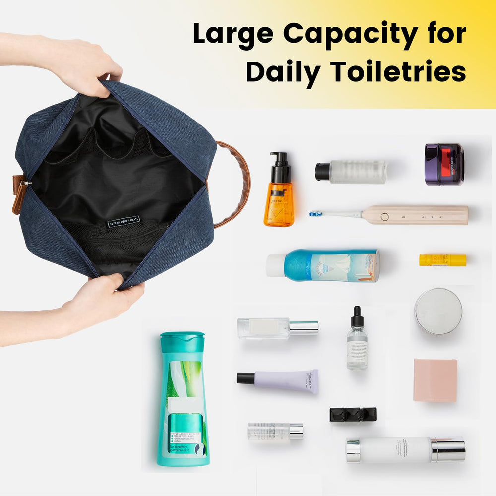 Vorspack large capacity design holds toiletries, shaving gear, and cosmetics.