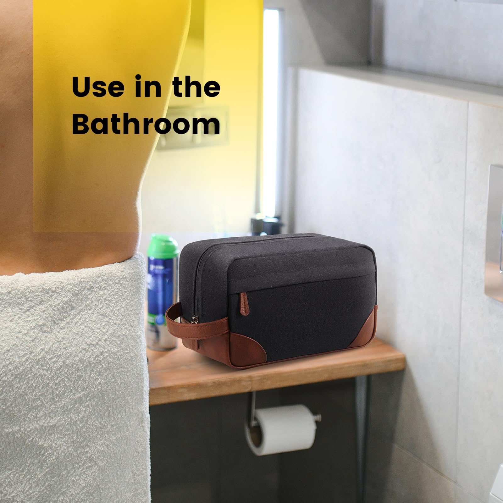 Vorspack toiletry bag dark grey hanging handle demonstrates easy bathroom access.