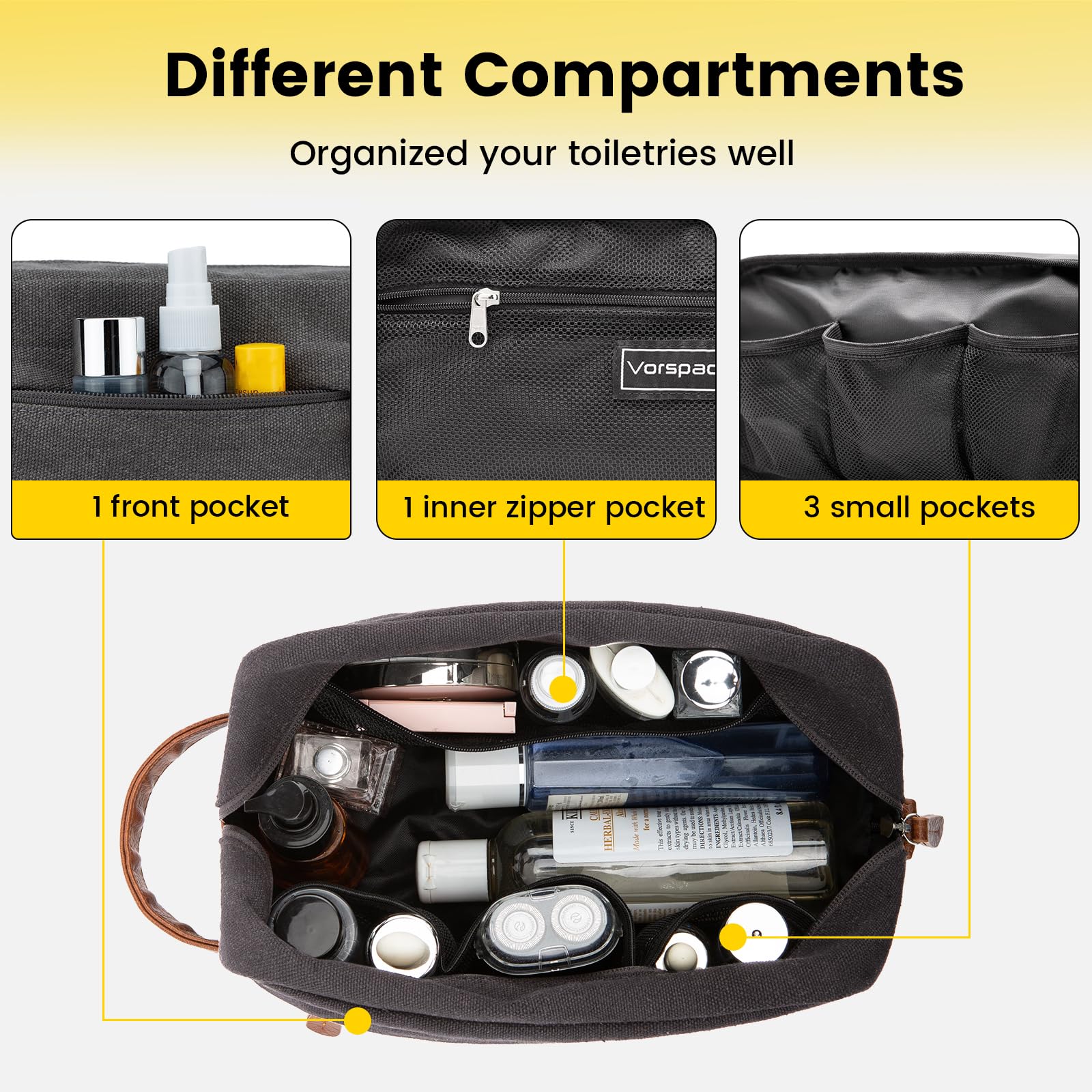 Vorspack front zipper pocket detail for quick access to toiletries
