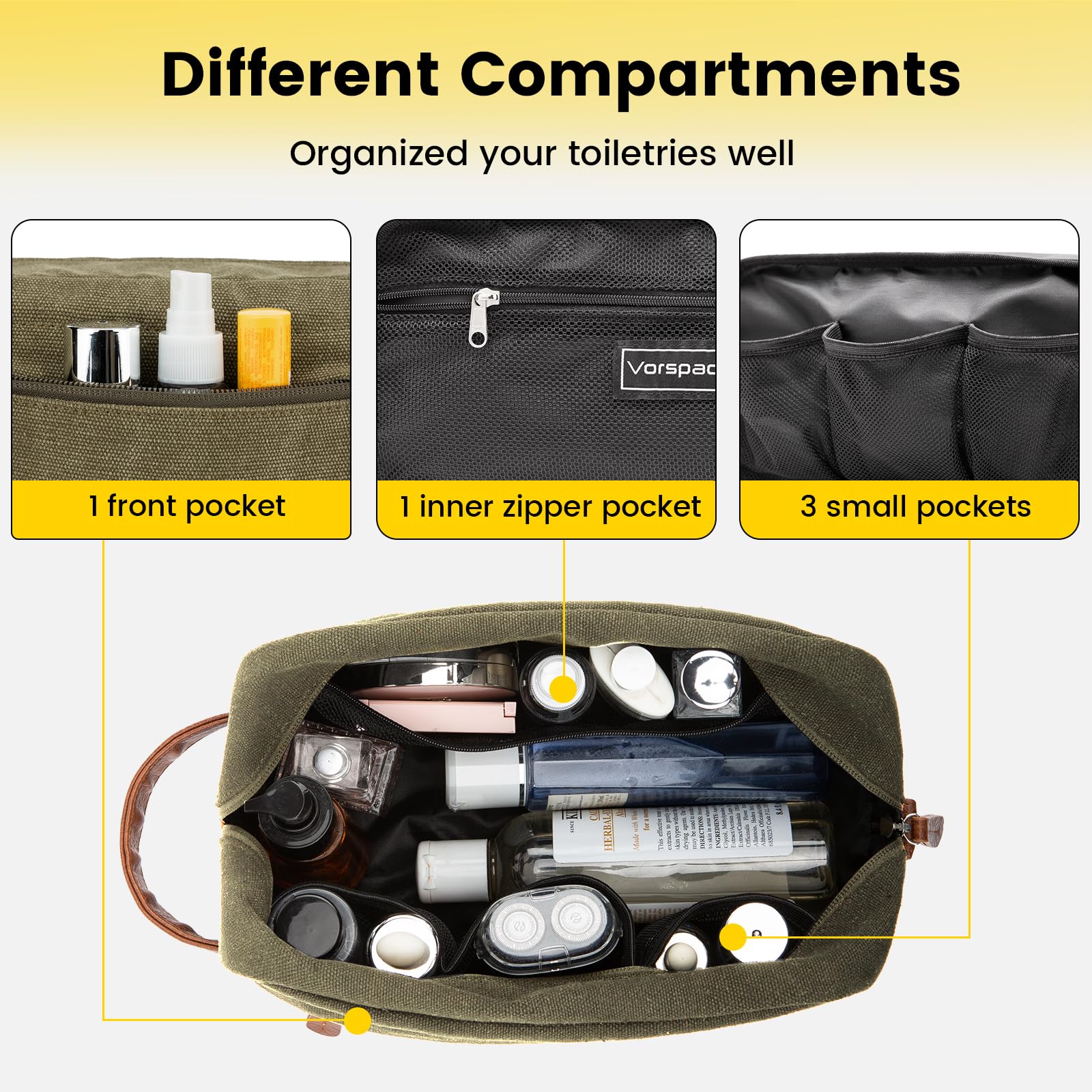 Vorspack travel toiletry bag hanging hook illustrates convenient bathroom access.