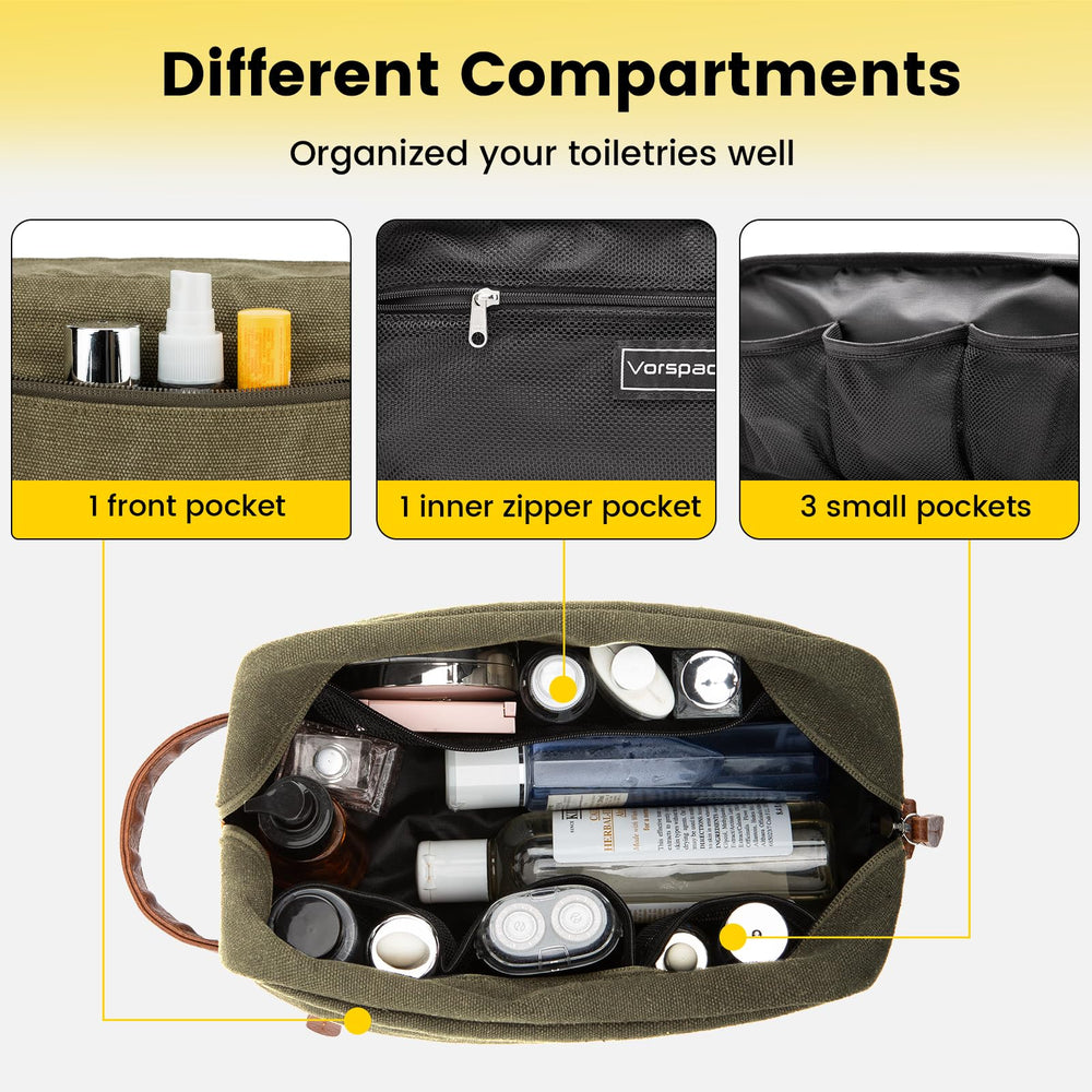 Vorspack travel toiletry bag hanging hook illustrates convenient bathroom access.