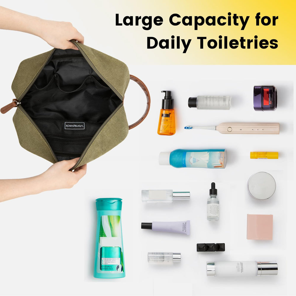 Vorspack travel toiletry bag in suitcase demonstrates large capacity.
