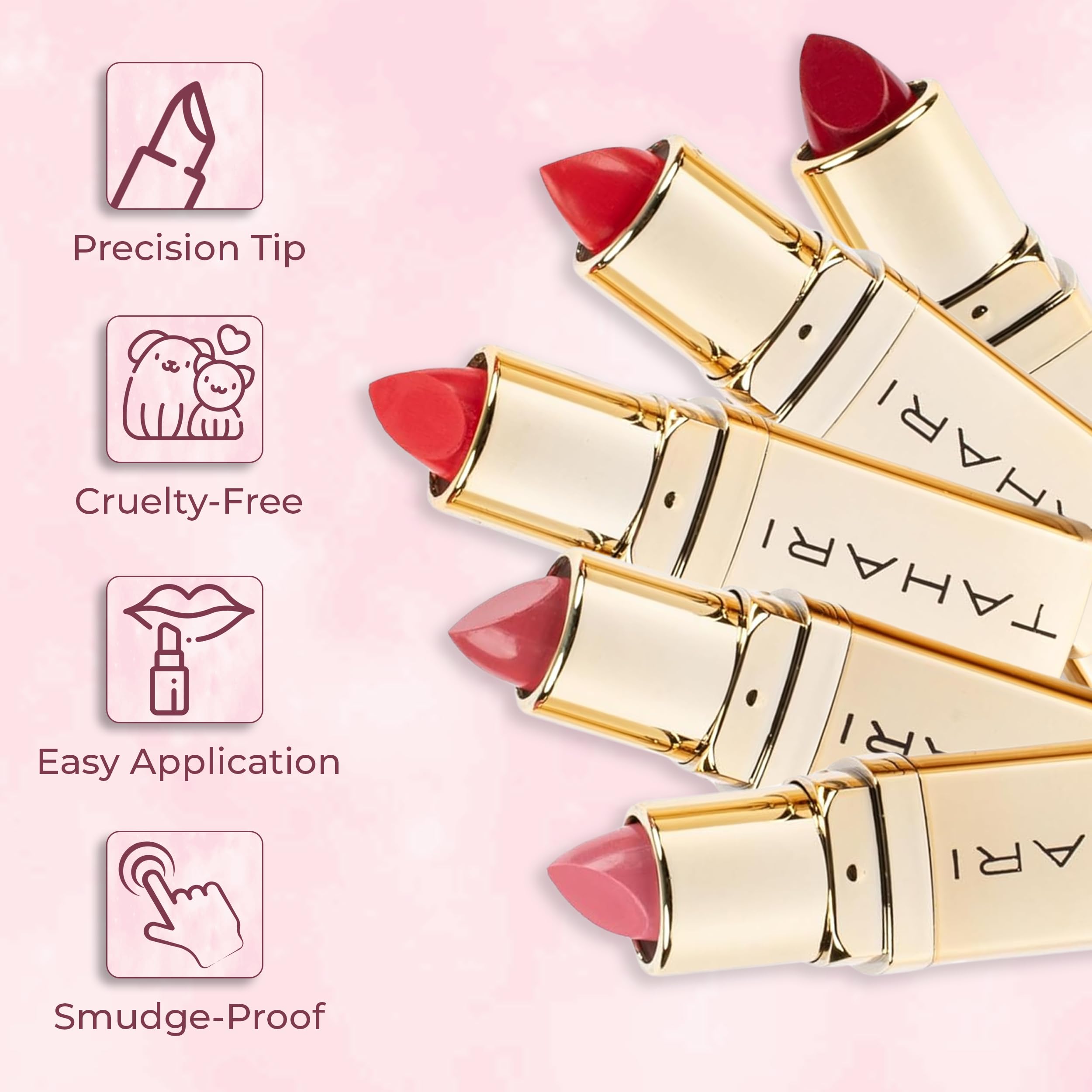 VOTUM Tahari lipstick swatches on skin guide shade selection.