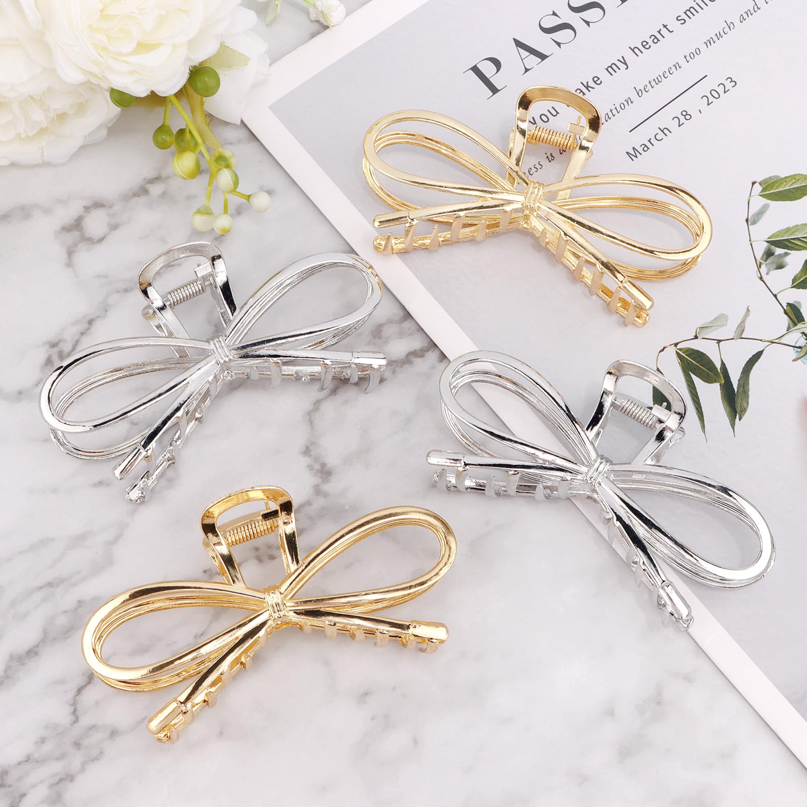 Vovii metal bow clip silver closeup emphasizes sleek shine and secure tension.