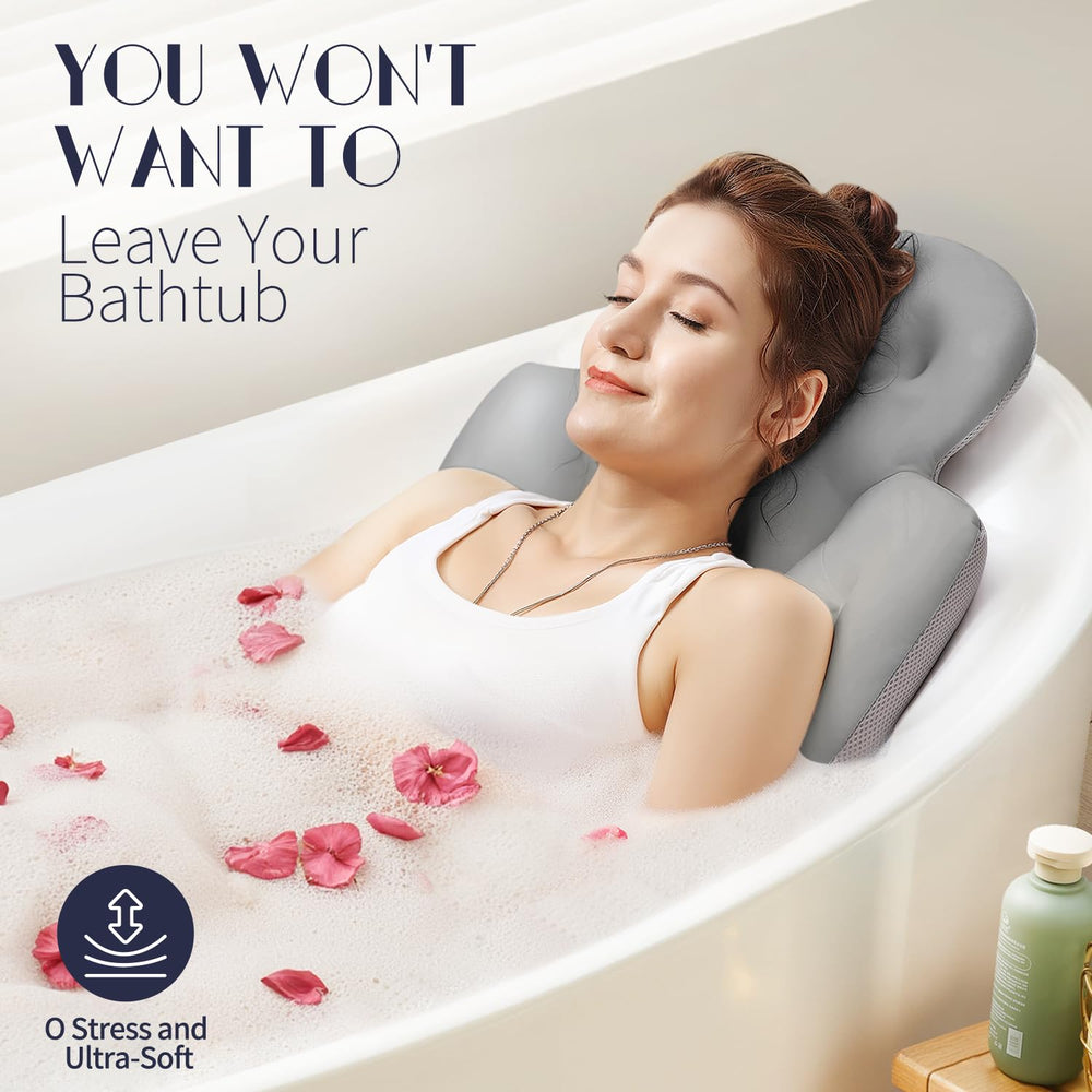 VOXOR pillow demonstrates 160 suction cups securing to smooth tub surfaces