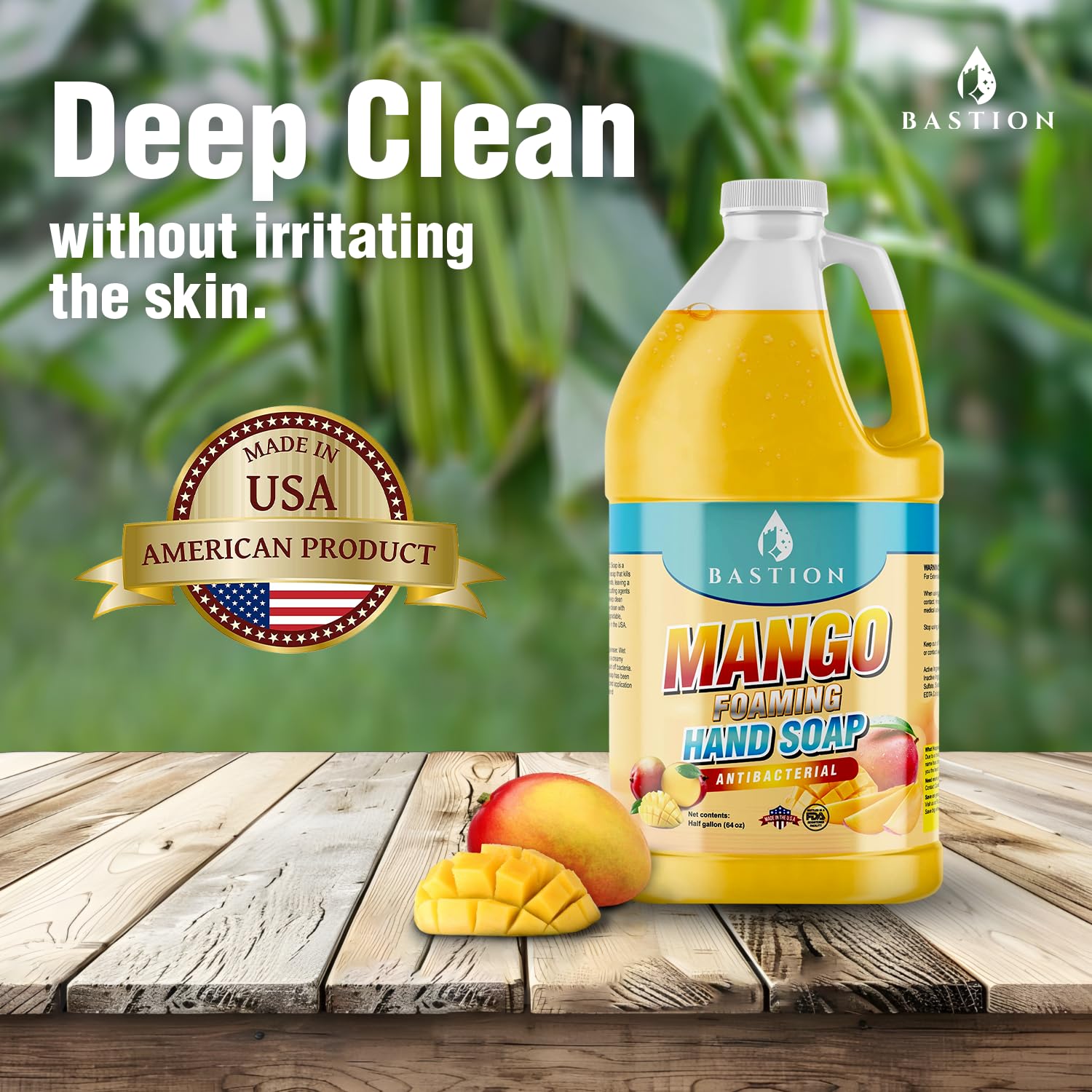 Voyager Mango Hand Soap refill jug on sink highlights sustainable recycling option.