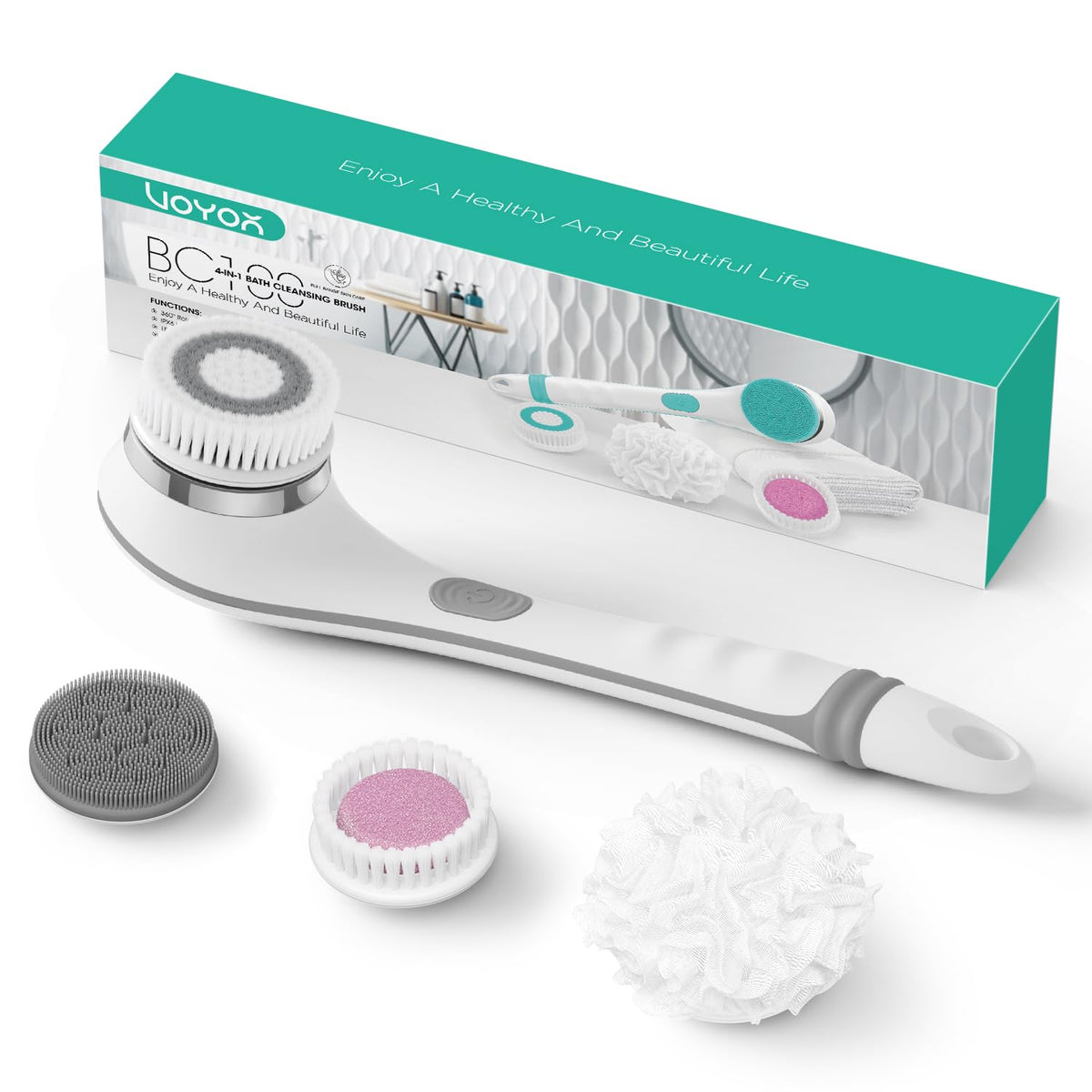 VOYOR electric body brush with 360-degree rotation for deep cleansing and exfoliation.