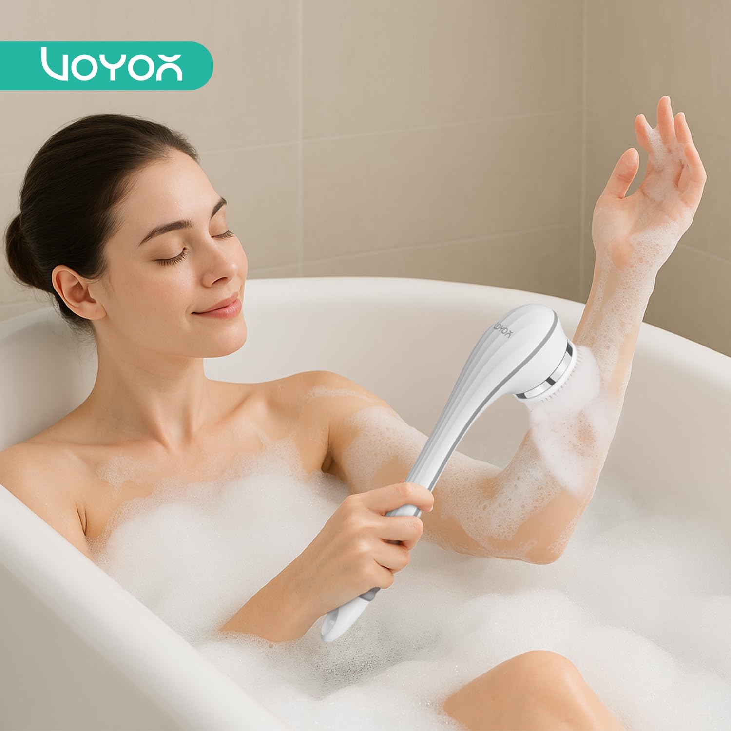 VOYOR multi-function brush supports exfoliation and cleansing across the body.