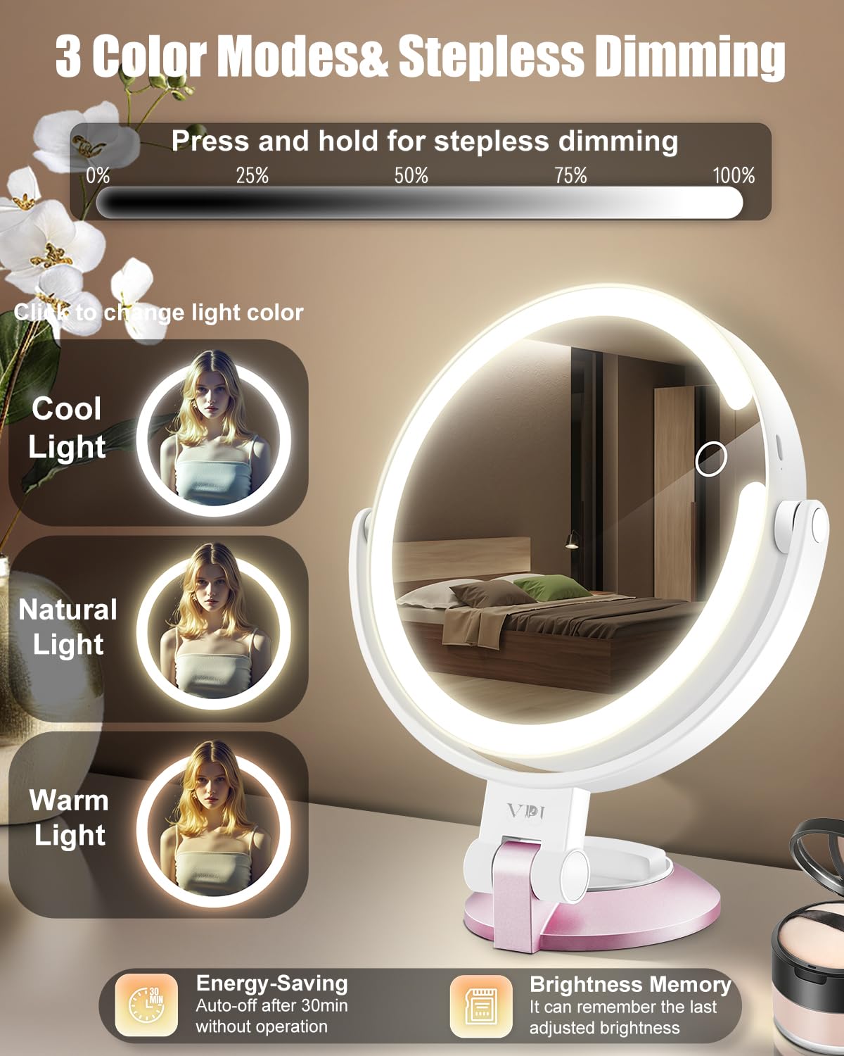 vpu 1x HD dual-sided mirror offers a wide view for daily makeup.