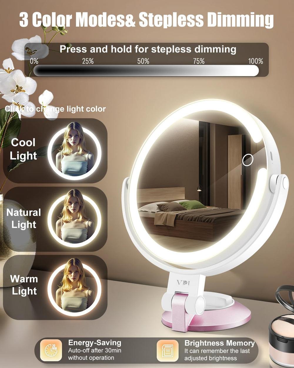 vpu 1x HD dual-sided mirror offers a wide view for daily makeup.