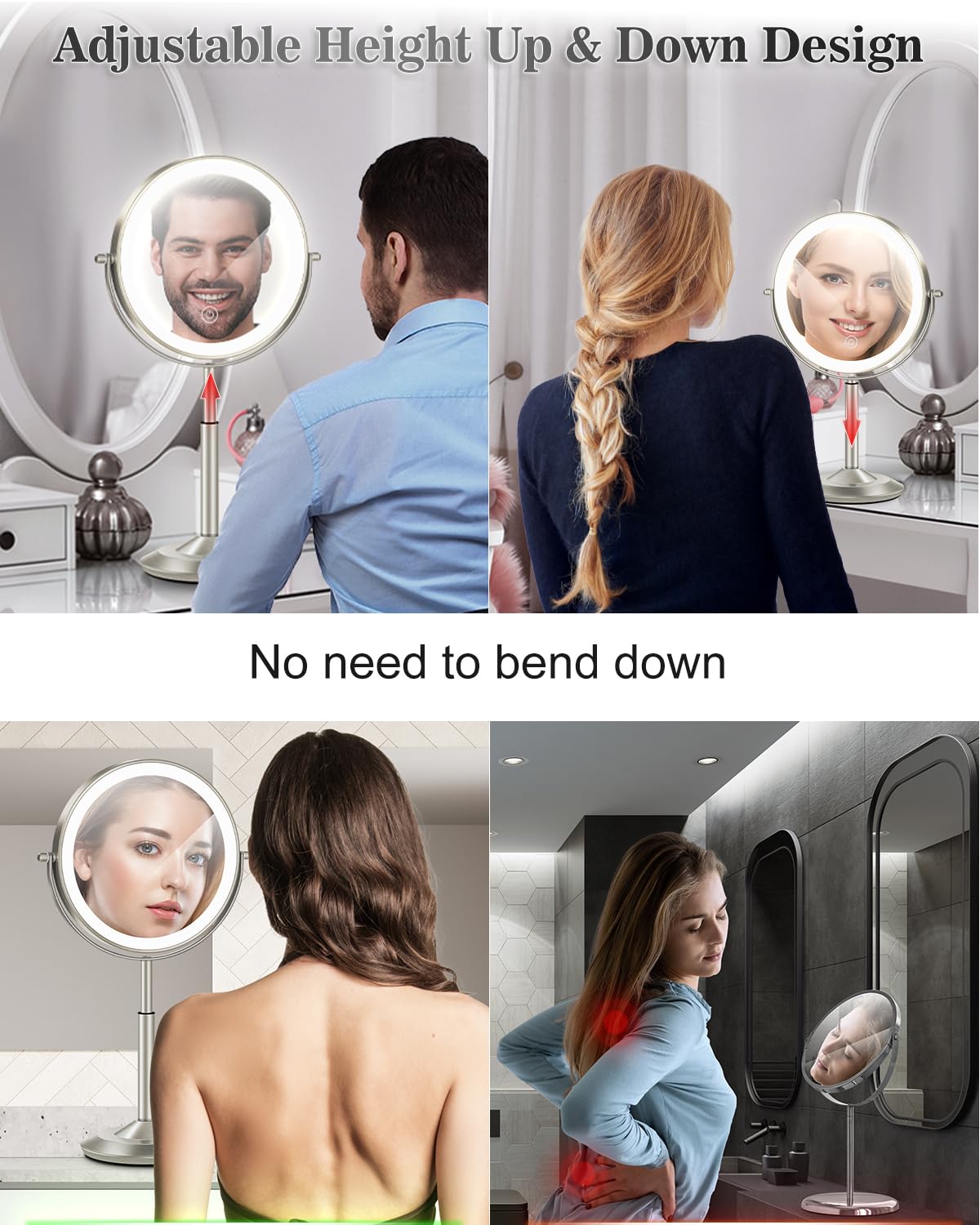 VPU makeup mirror 1X and 30X magnification for whole-face and detail work.