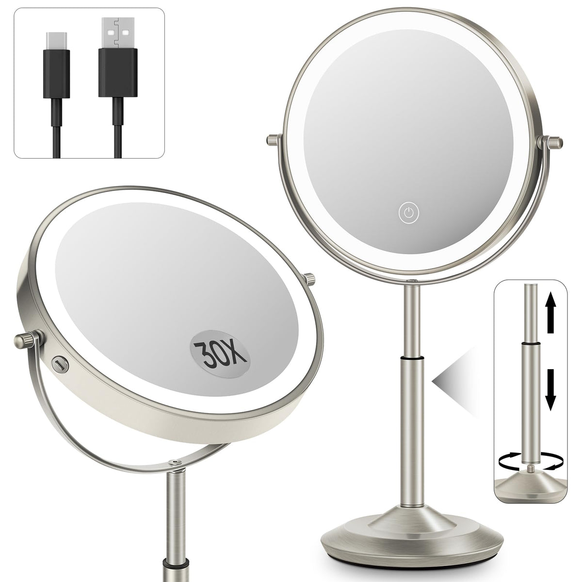VPU makeup mirror with 1x and 30x magnification for detailed eyeliner and brow work.
