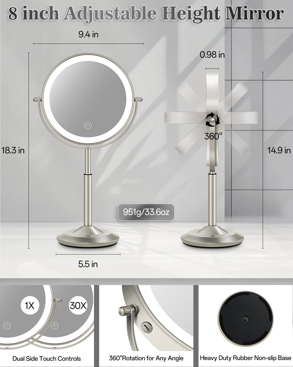 VPU makeup mirror dual-sided design with 8-inch frame for everyday beauty routines.
