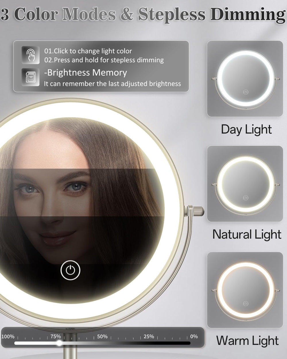 VPU makeup mirror 3000mAh rechargeable battery enables cordless use.
