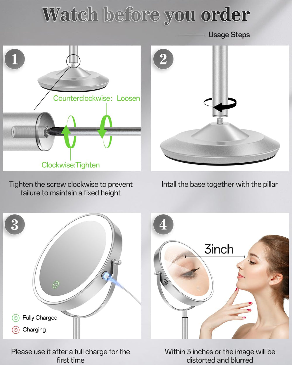 vpu makeup mirror rechargeable battery with Type-C cable for cordless grooming