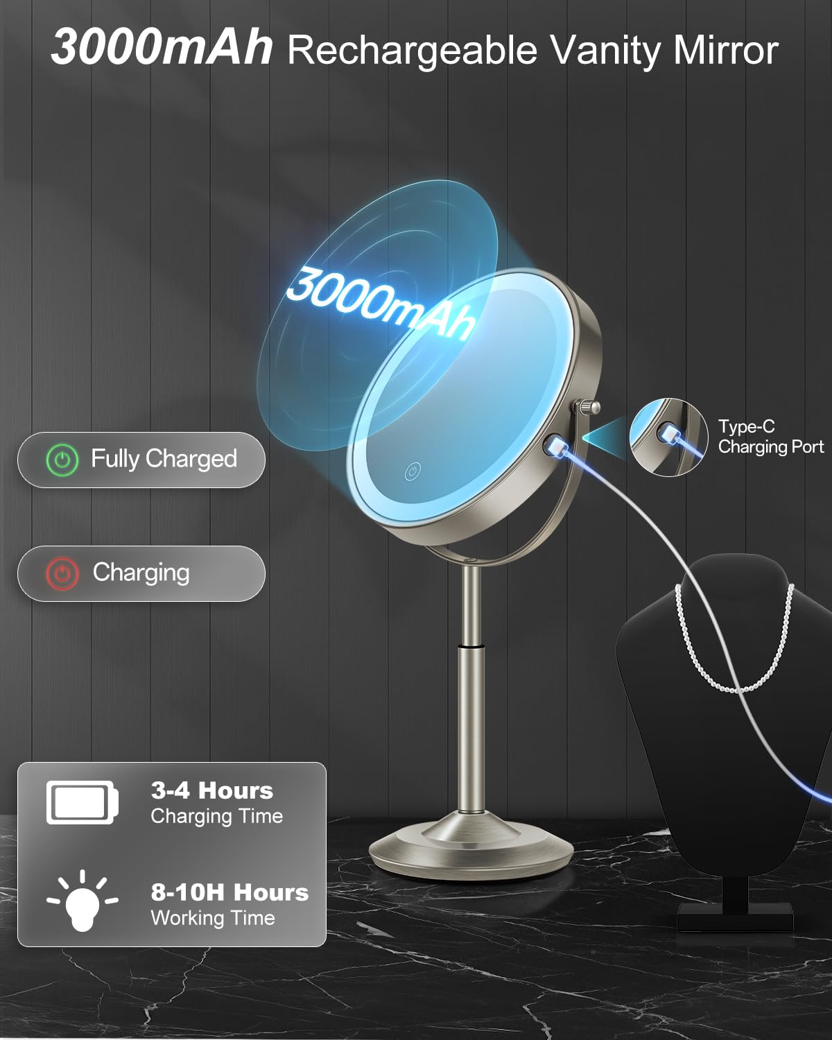 VPU makeup mirror Type-C charging and auto-off for easy energy management.