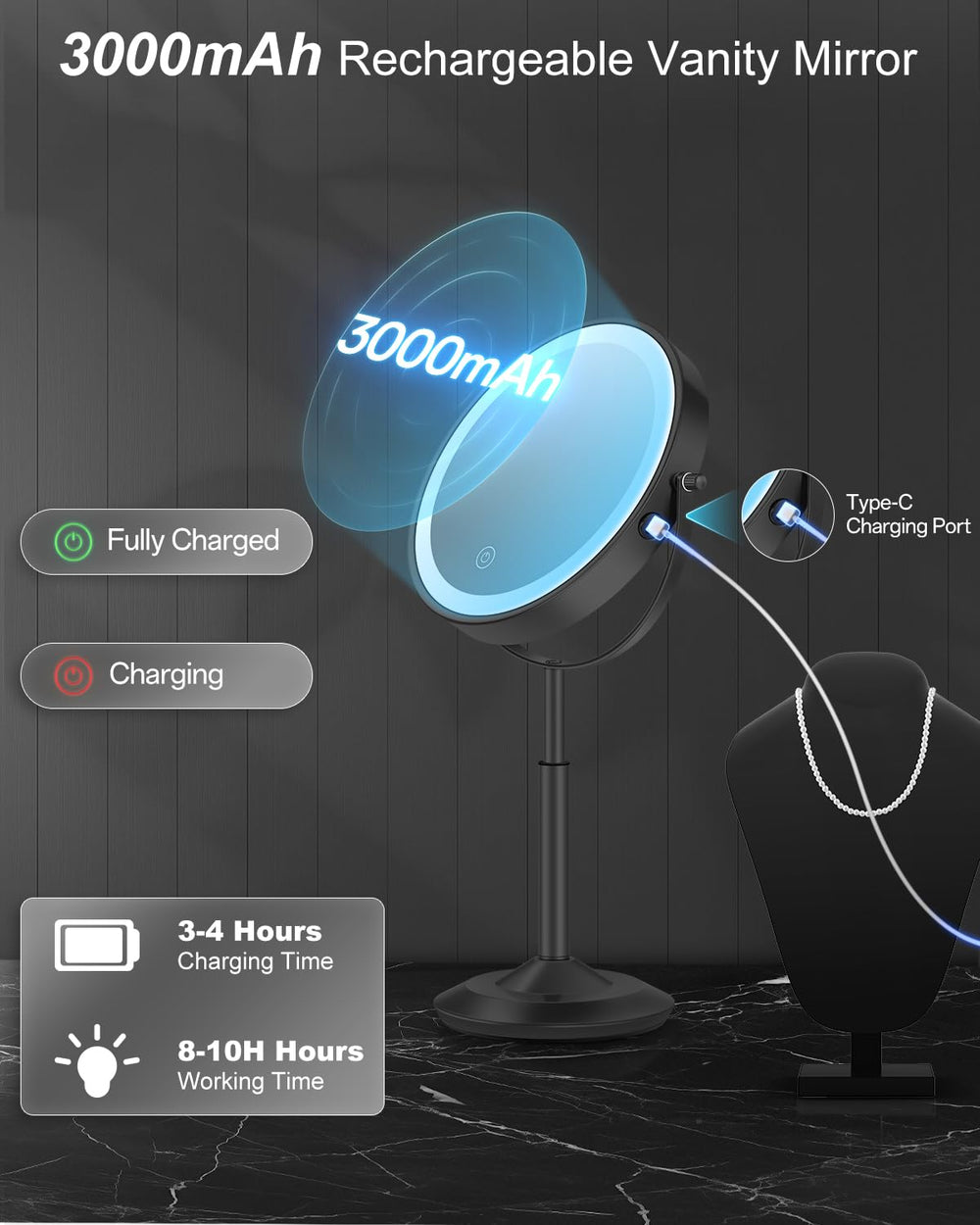 VPU makeup mirror dimmable brightness for tailored illumination.