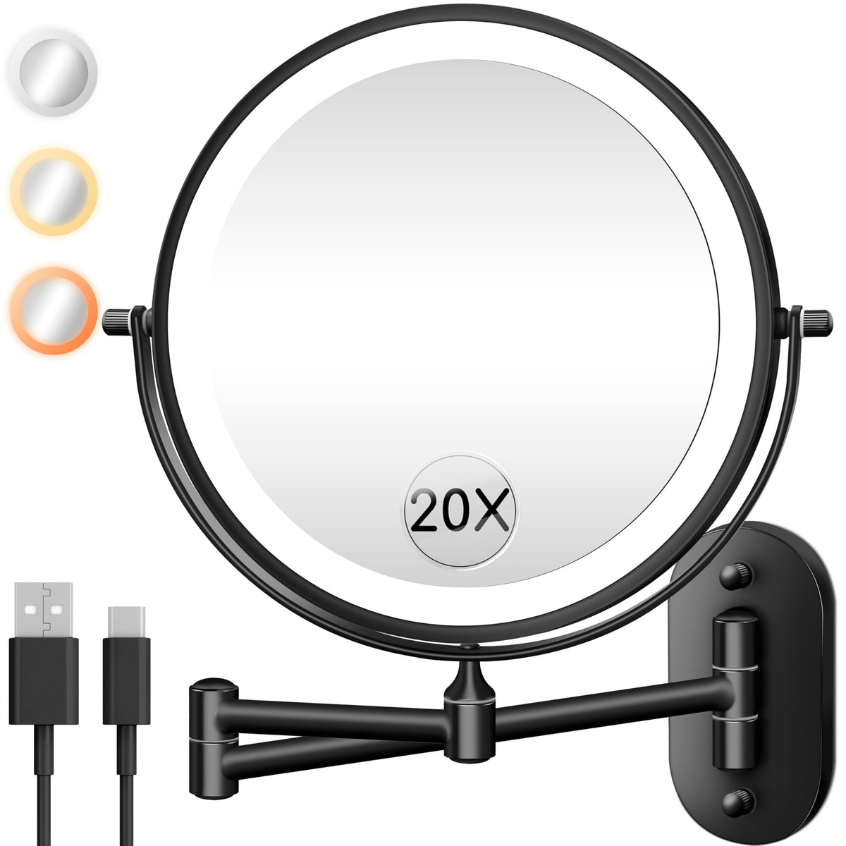 VPU wall-mounted makeup mirror eight-inch double sided for broad view and detailed makeup