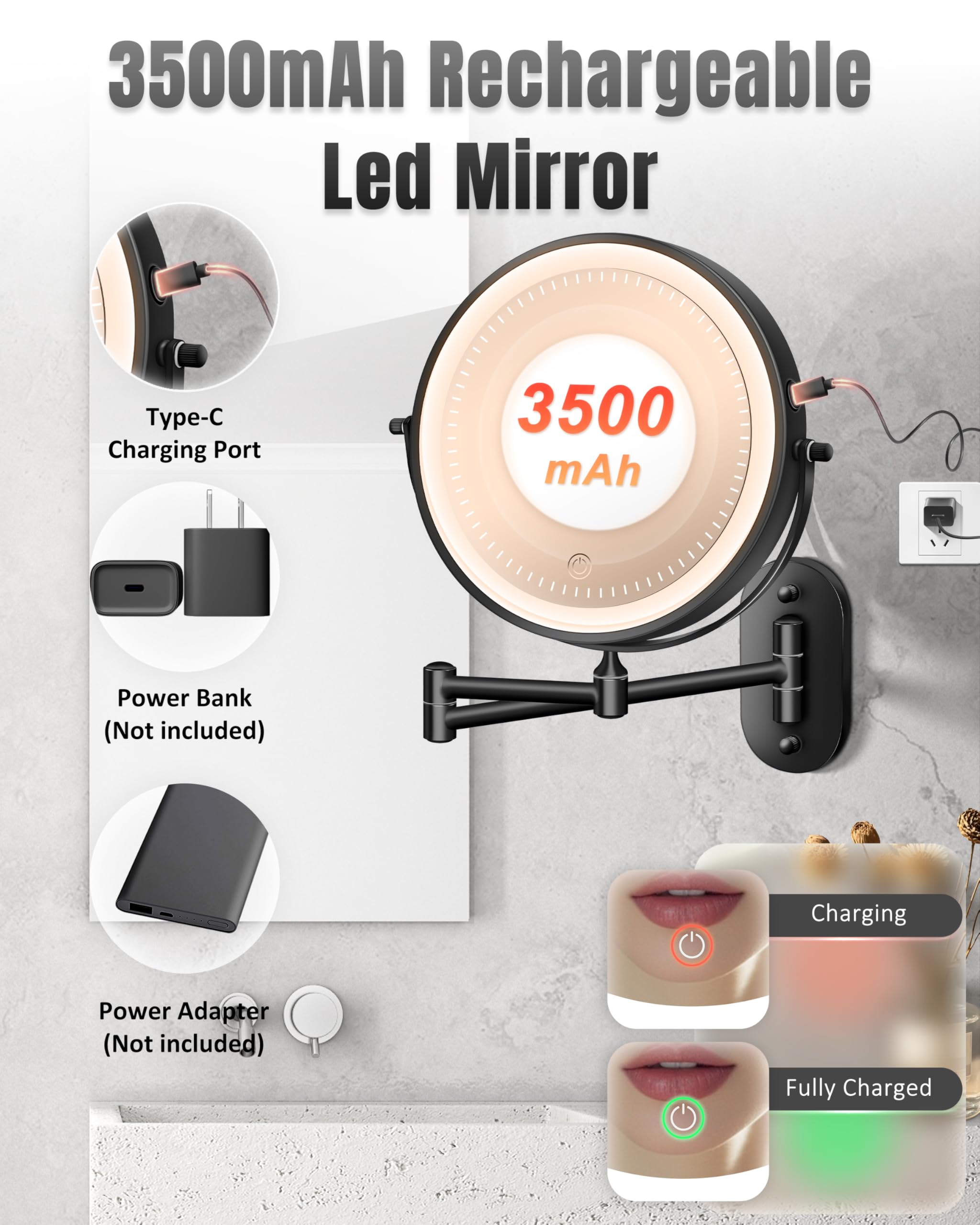 VPU rechargeable battery mirror eliminates cords and frequent charging needs