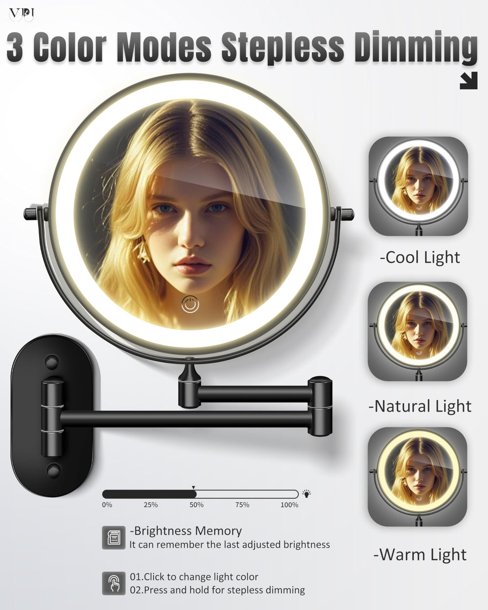 VPU vanity light with three color temperatures for true-tone makeup application