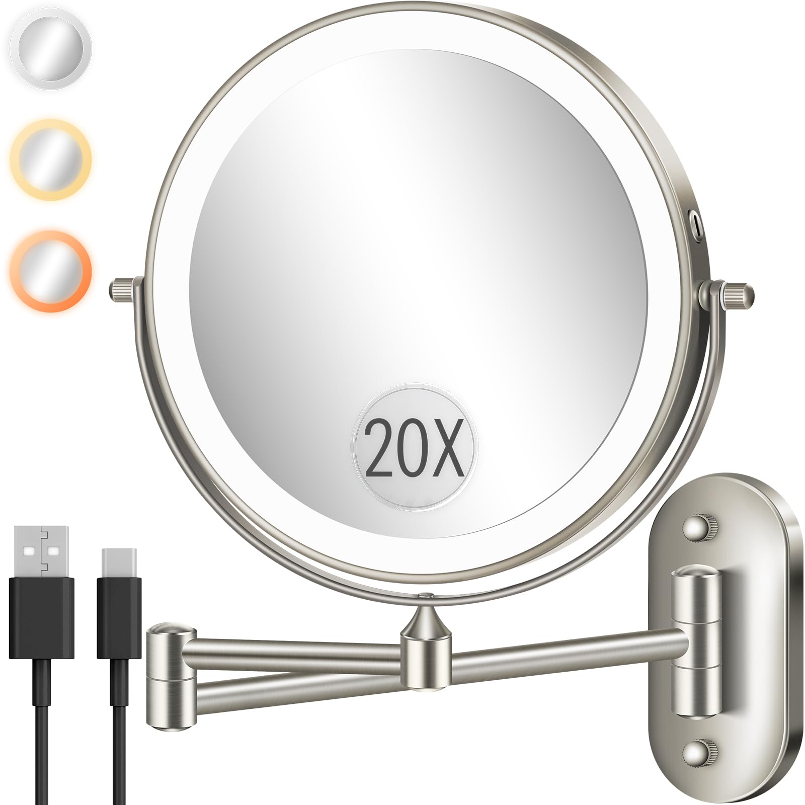 vpu wall-mounted makeup mirror with 1X/20X magnification for precise detailing