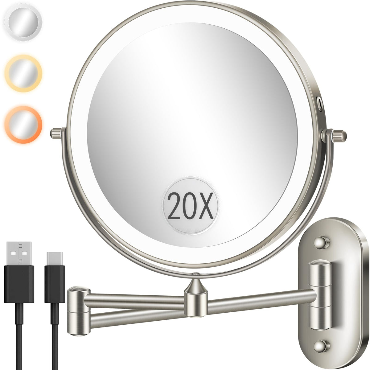 vpu wall-mounted makeup mirror with 1X/20X magnification for precise detailing