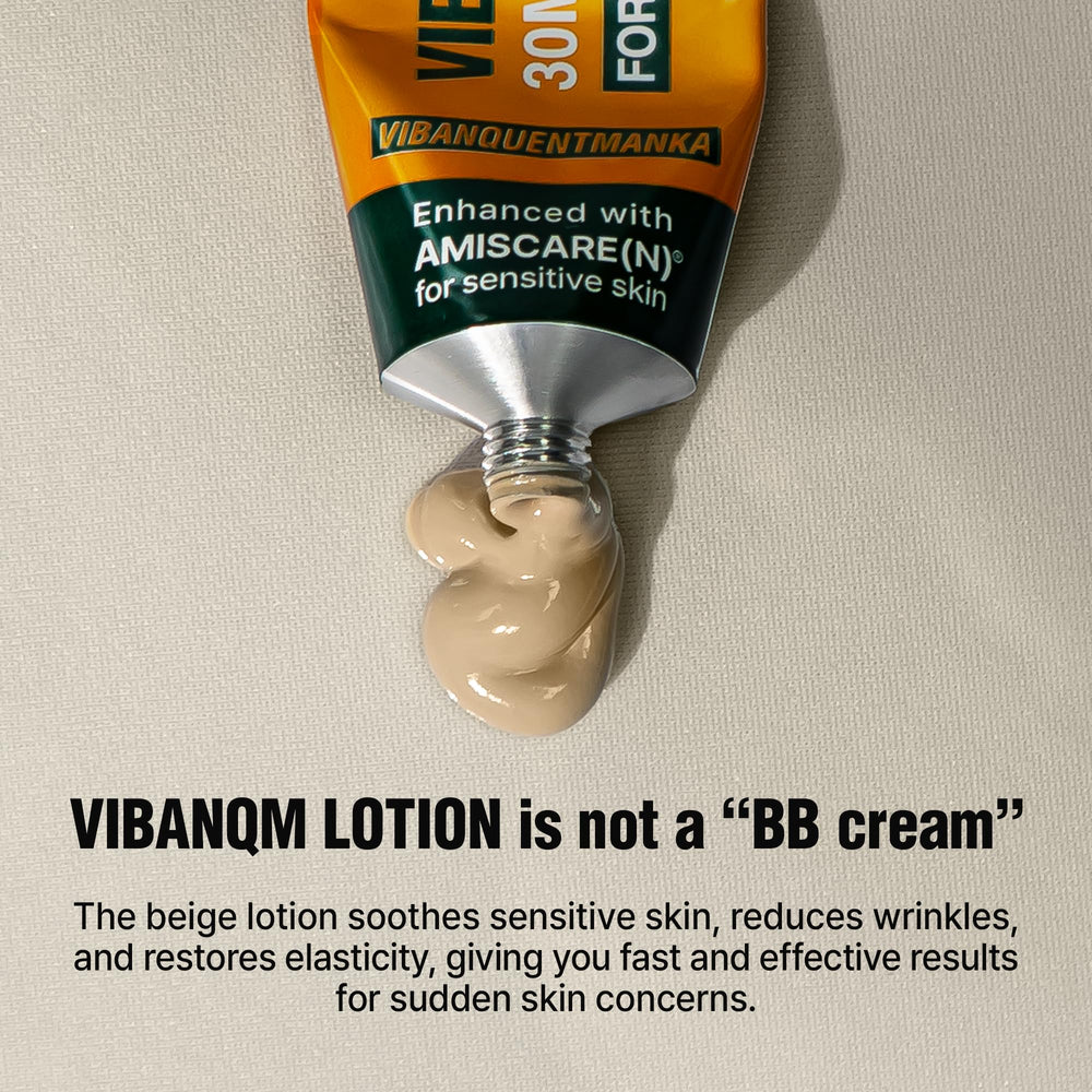 VQM VIBANQUENTMANKA on-skin swatch showing smooth, non-greasy finish for all skin types.
