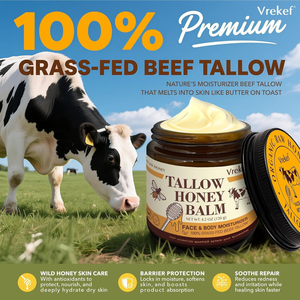 VREKEF beef tallow body balm shows rich moisture for dry skin.