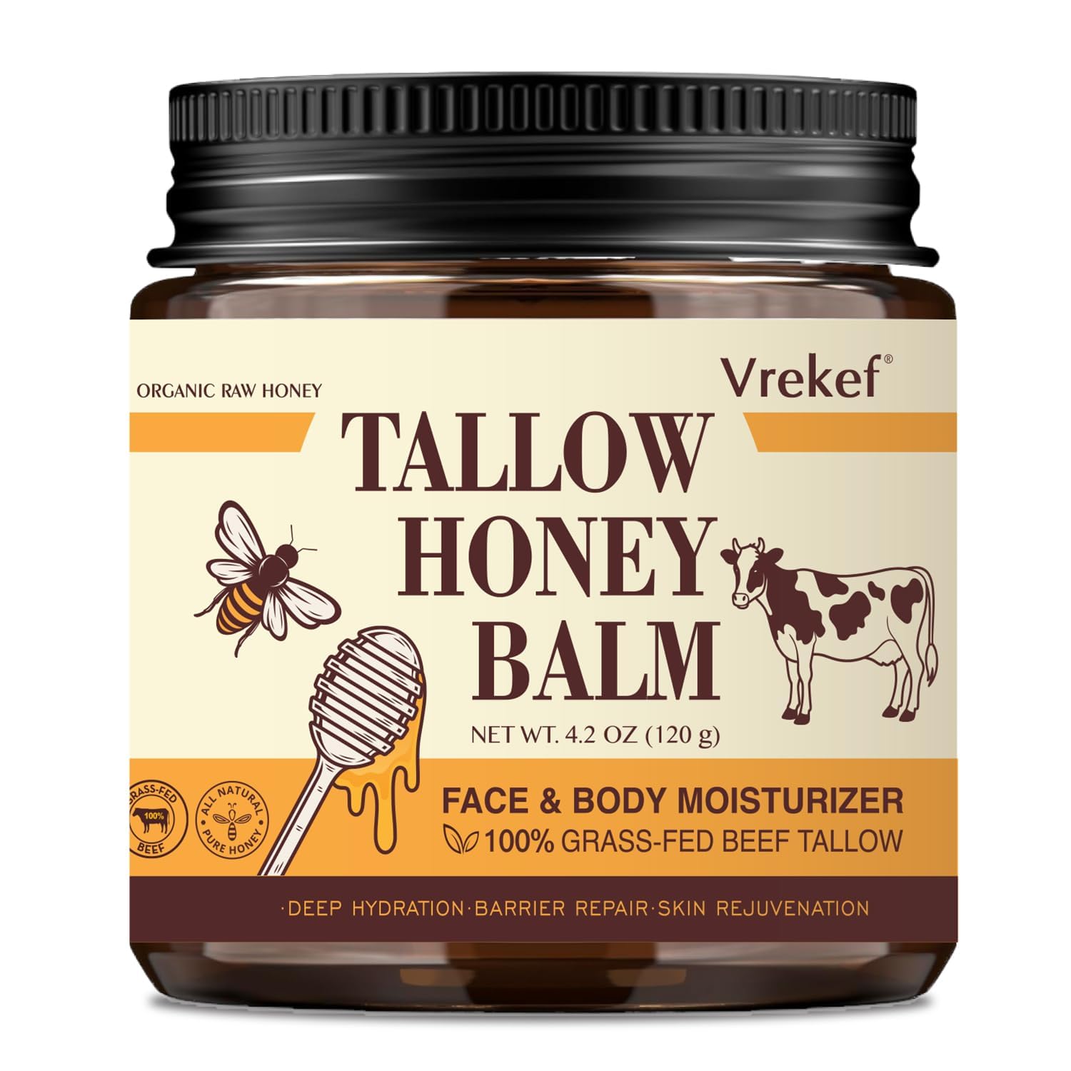 VREKEF beef tallow face balm pump for smooth, non-greasy moisture.