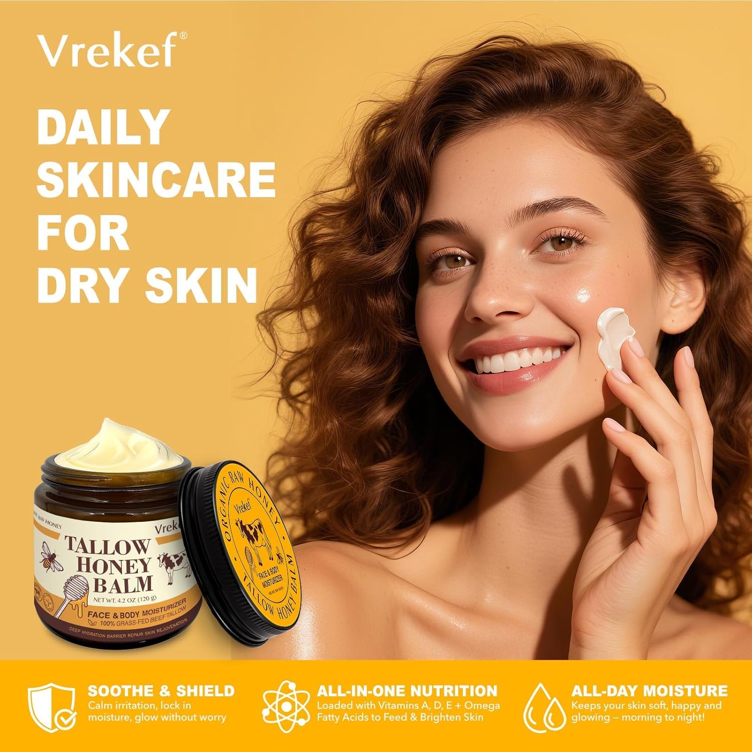 VREKEF hands applying balm shows soothing routine for sensitive skin.