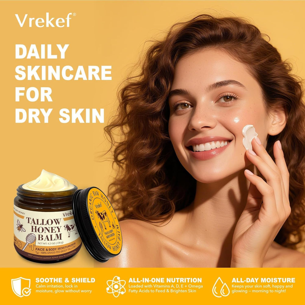VREKEF hands applying balm shows soothing routine for sensitive skin.