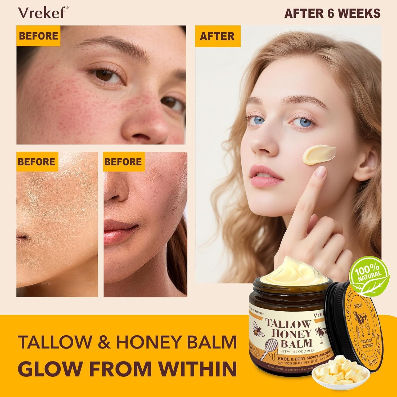 VREKEF shea butter balm emphasizes deep hydration and softness.