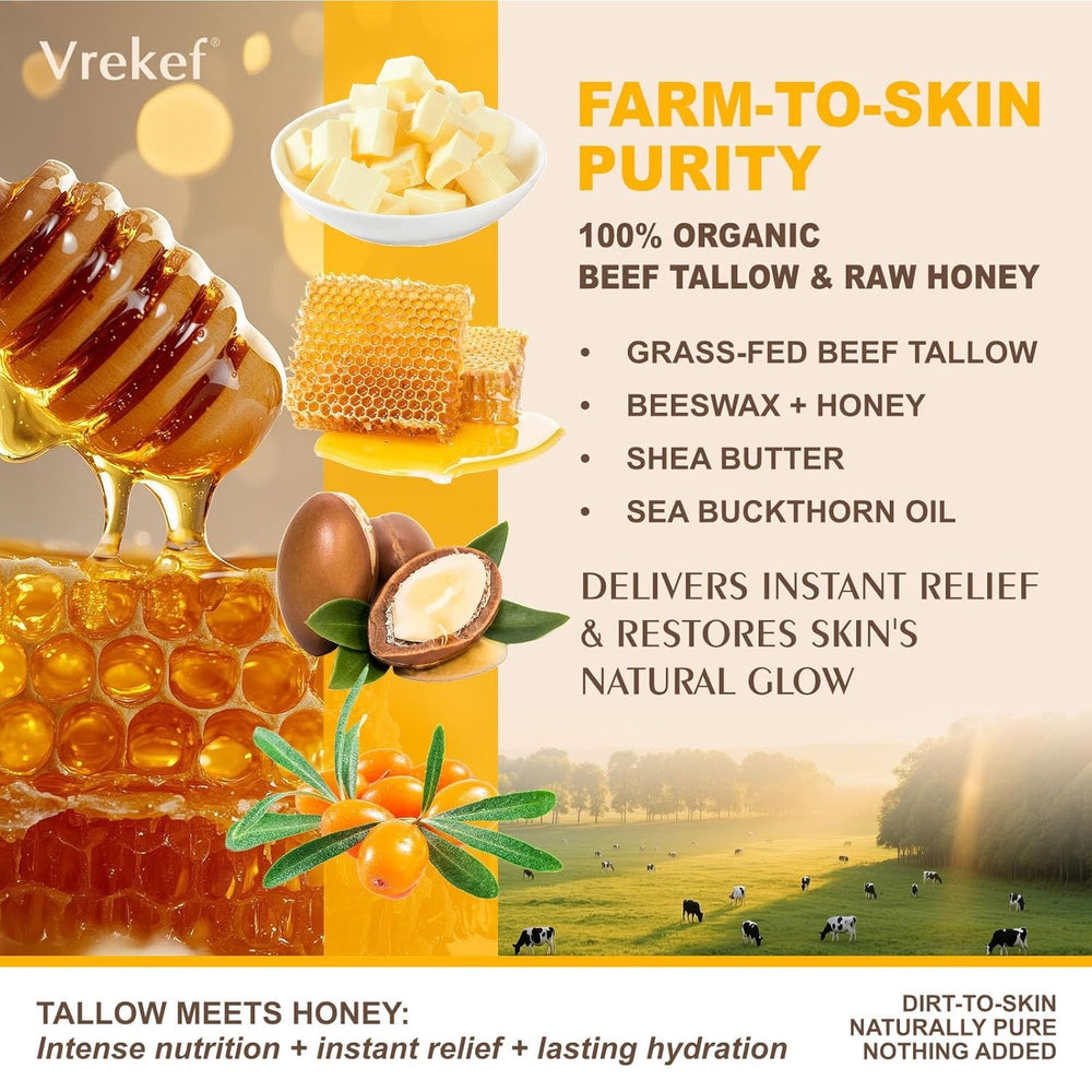 VREKEF tallow honey balm texture close-up highlights creamy, quick-absorbing care.