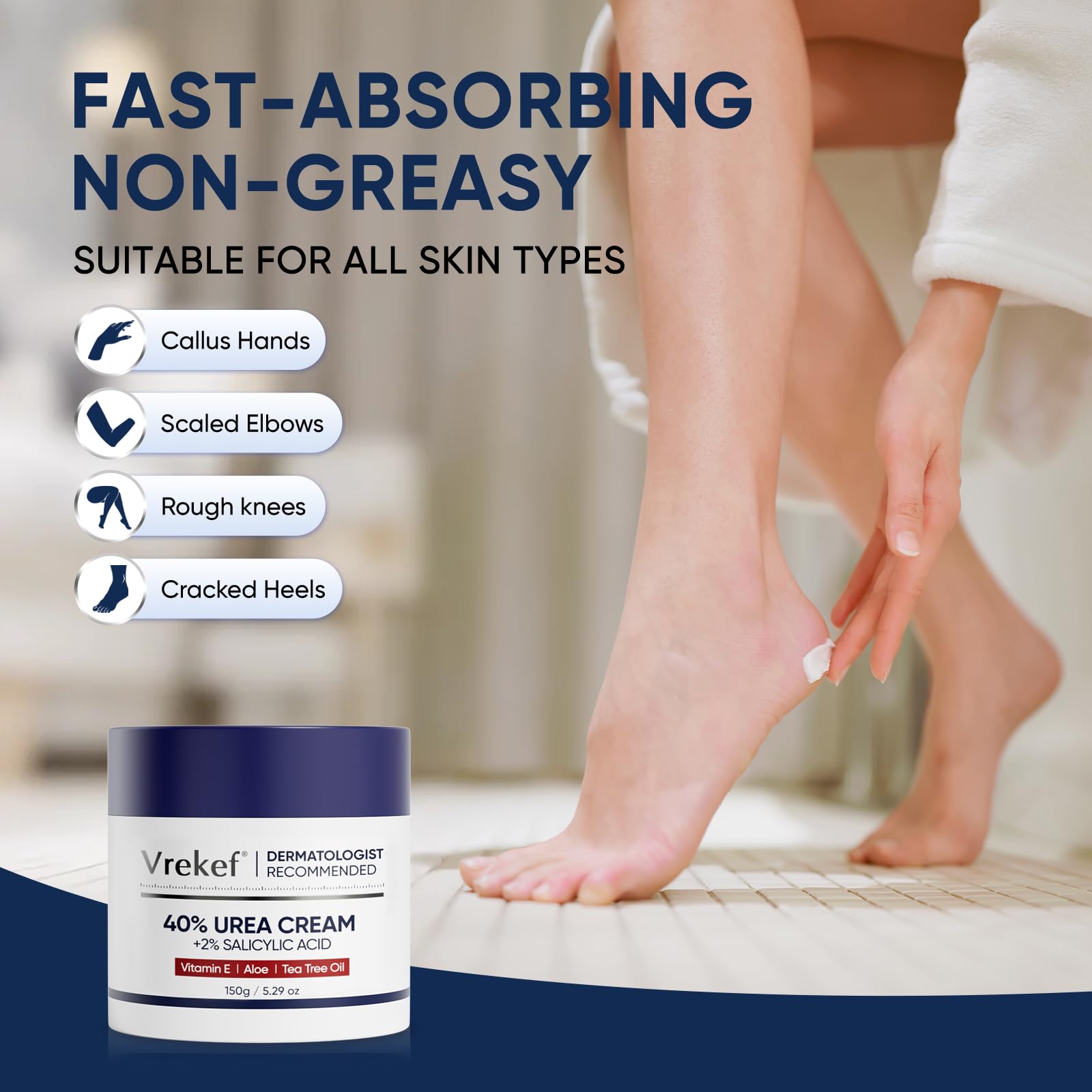 VREKEF Urea Cream texture close-up highlights quick absorption.