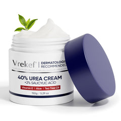 VREKEF Urea Cream 40% bottle for fast-absorbing foot hydration.