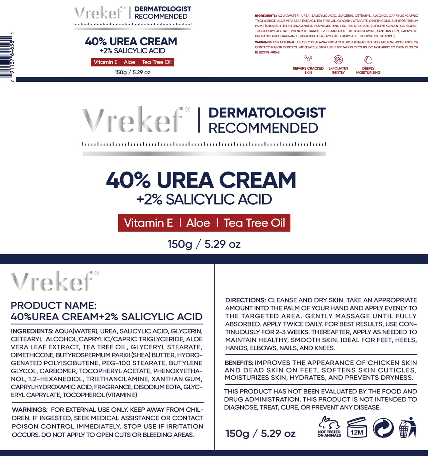 VREKEF Urea Cream ingredients focus includes glycerin and avocado.