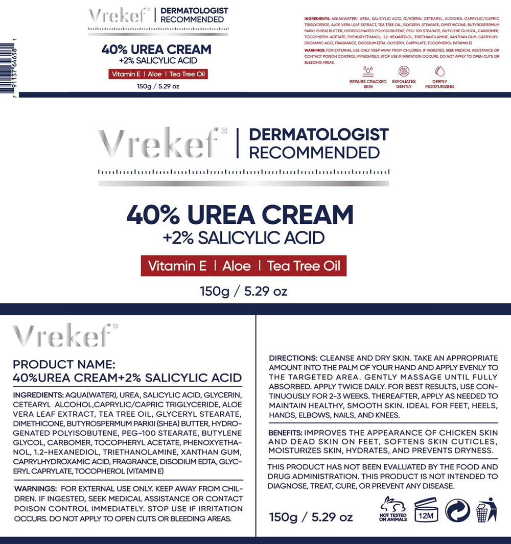 VREKEF Urea Cream ingredients focus includes glycerin and avocado.