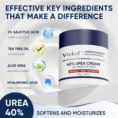 VREKEF Urea Cream 40% jar shown for hand and foot care.