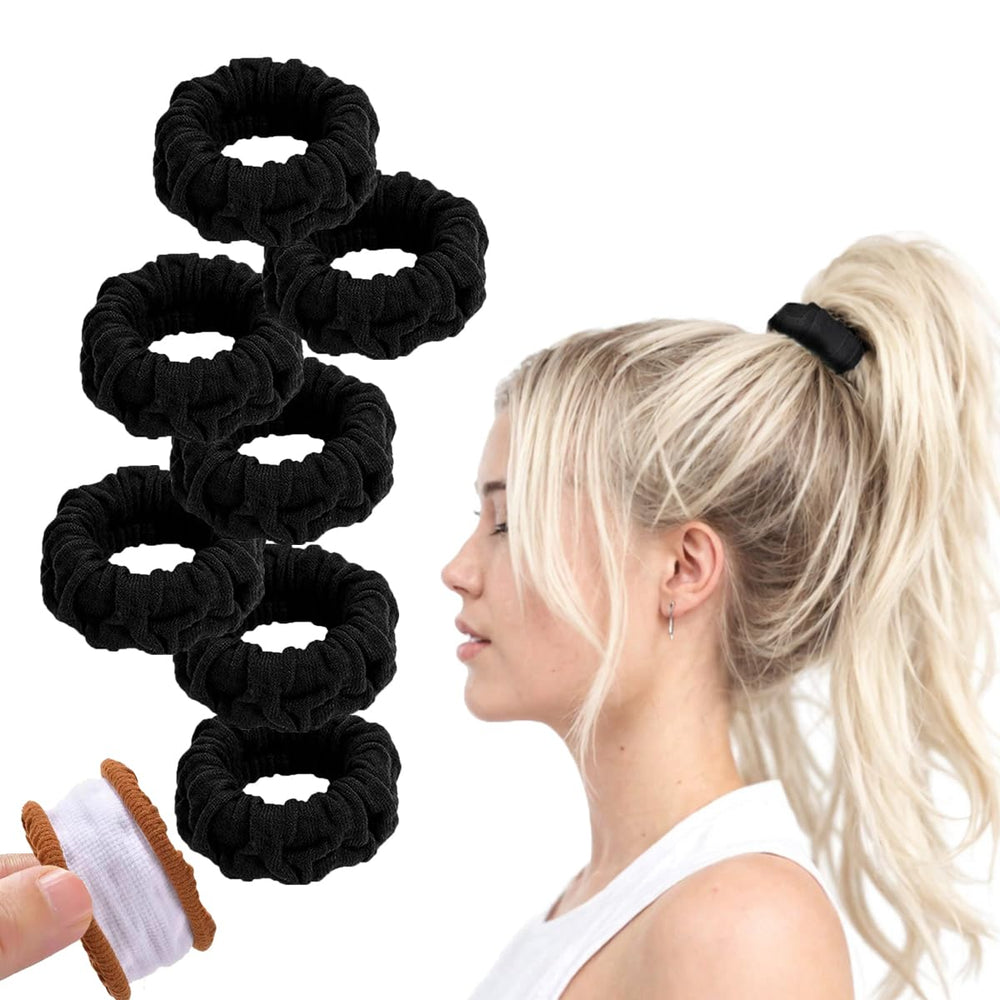 Vrose Flosi black seamless hair ties close-up showing no snag for smooth styling.