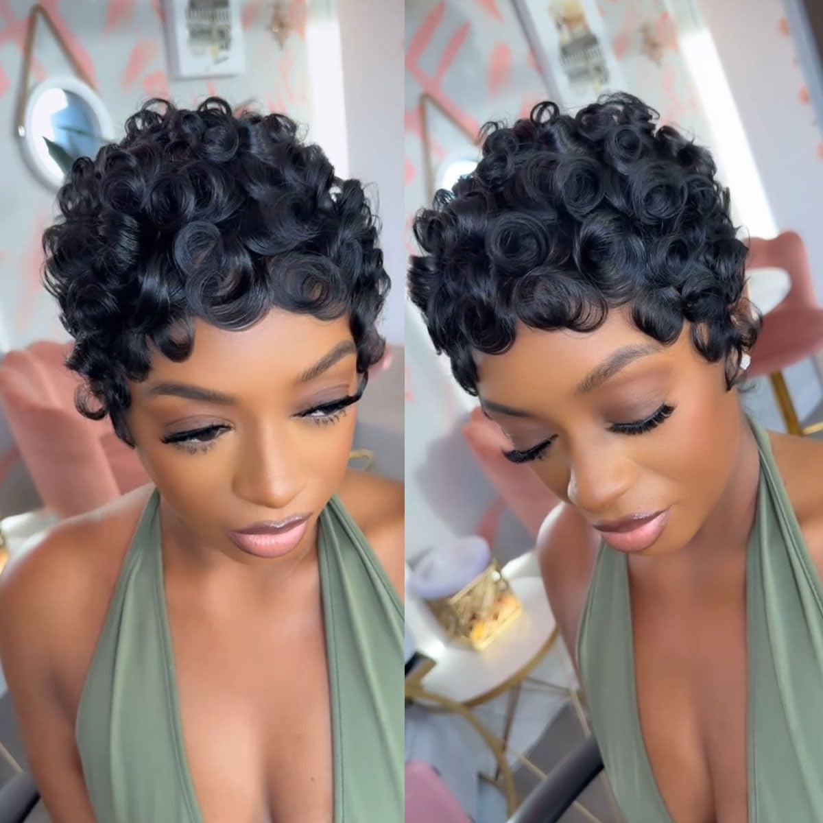 VRZ Pixie Cut Wig Brazilian curly close-up shows natural texture for daily wear.