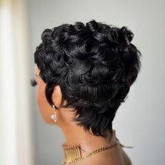 VRZ Pixie Cut Wig natural black color under bright lighting.