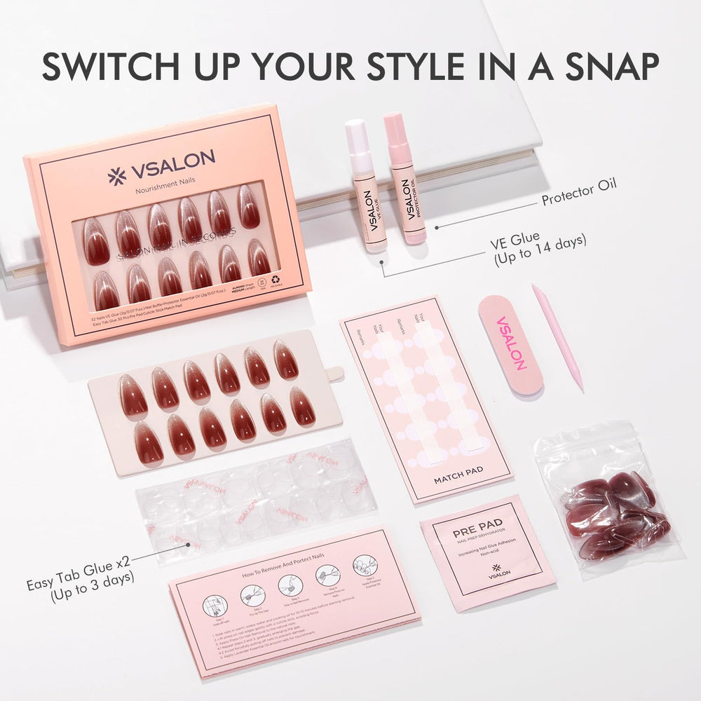 VSALON cuticle oil included to nourish and protect natural nails.