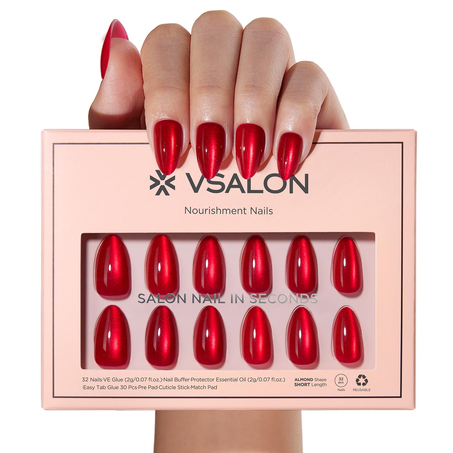 VSALON heartbeat red cat eye chrome nails full set for glamorous party-ready nails.