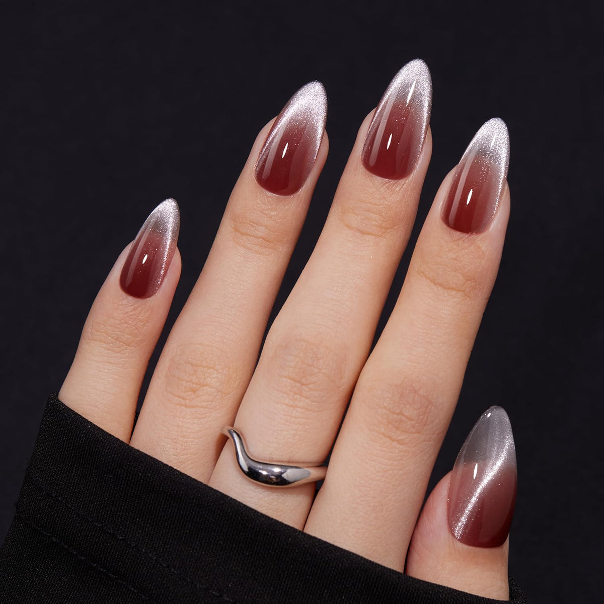 VSALON press-on nails in Medium Almond with French tip and cat-eye shimmer for a bold, polished look.