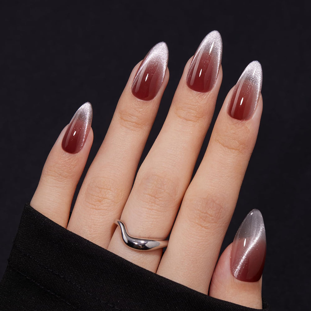 VSALON press-on nails in Medium Almond with French tip and cat-eye shimmer for a bold, polished look.