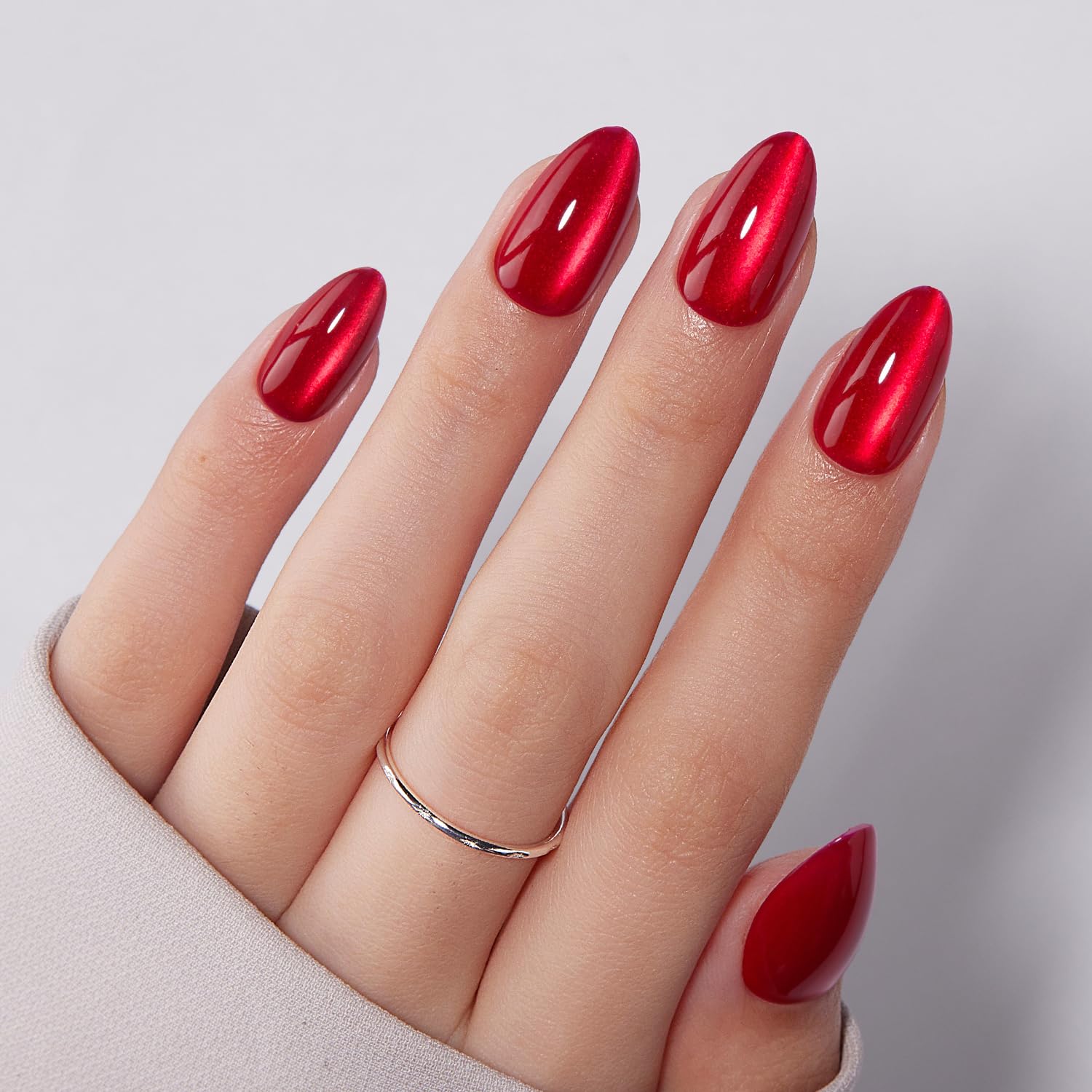 VSALON short almond nails closeup gloss highlights sleek natural look with shine.